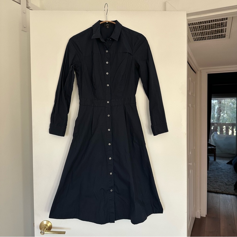 Classic Navy Blue Button-Front Shirt Dress, J. Crew, 100% Cotton